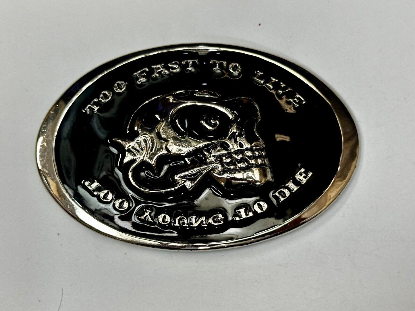 Too Fast to Live, Too Young to Die Skull black and silver tone Belt Buckle