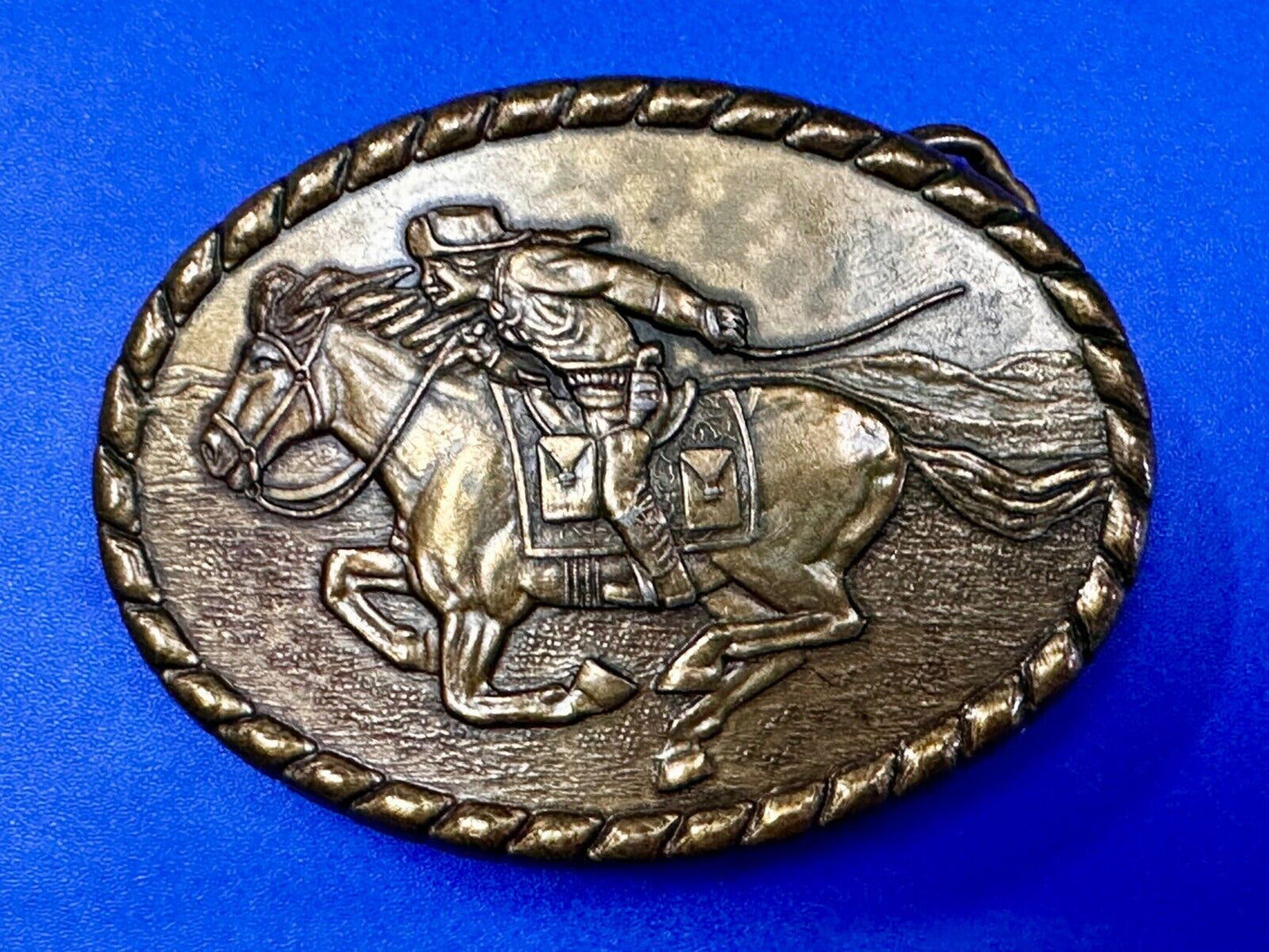 Vintage 1981 Pony Express Rider Mervyn's Commemorative Brass Tone Belt Buckle
