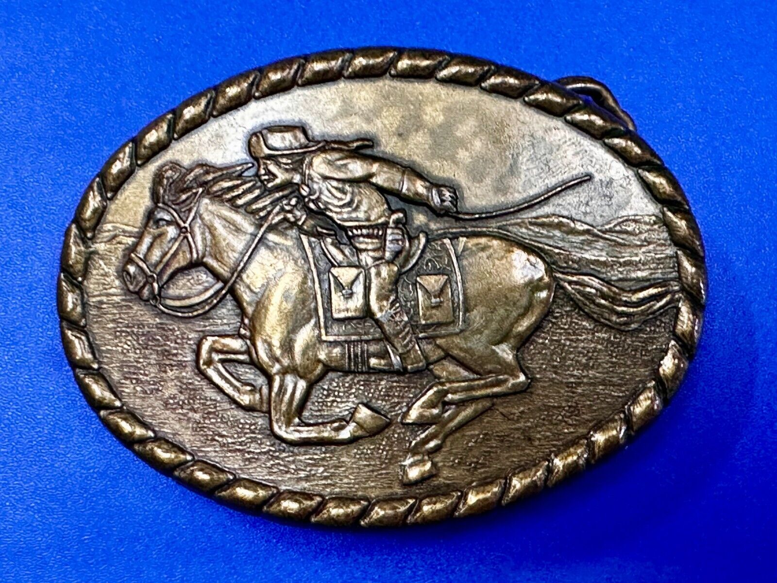 Vintage 1981 Pony Express Rider Mervyn's Commemorative Brass Tone Belt Buckle