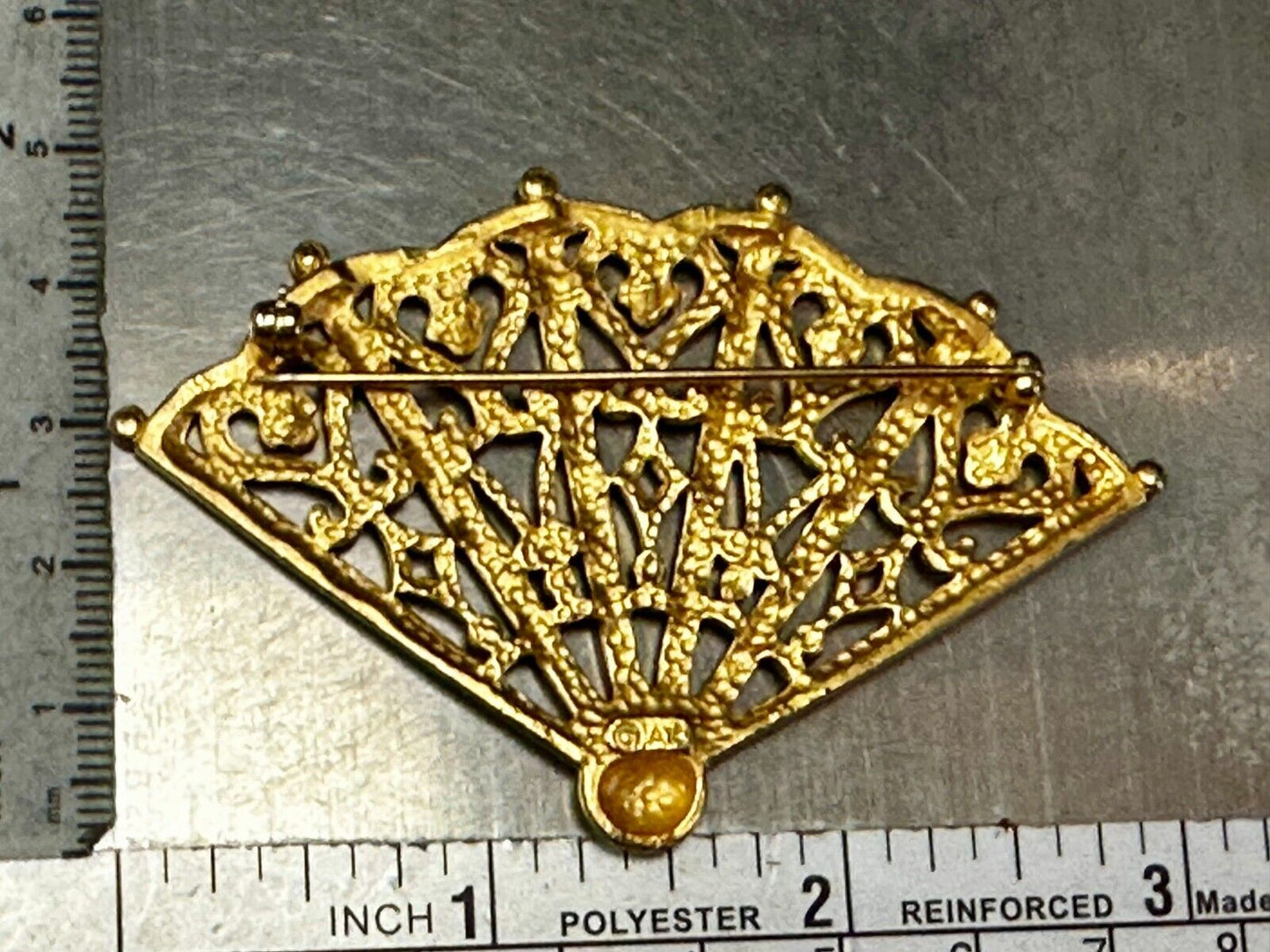 Anne Klein Brooch Pin Elegant Open Hand Fan Heart Matte Gold Tone Estate