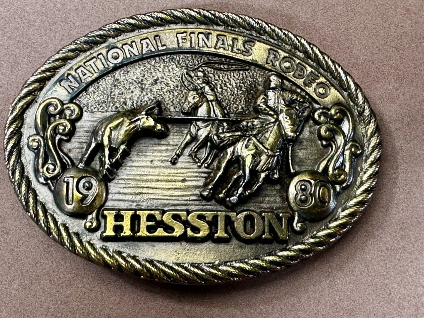 1980 Hesston National Finals Rodeo NFR Cowboys Team Roping Belt Buckle