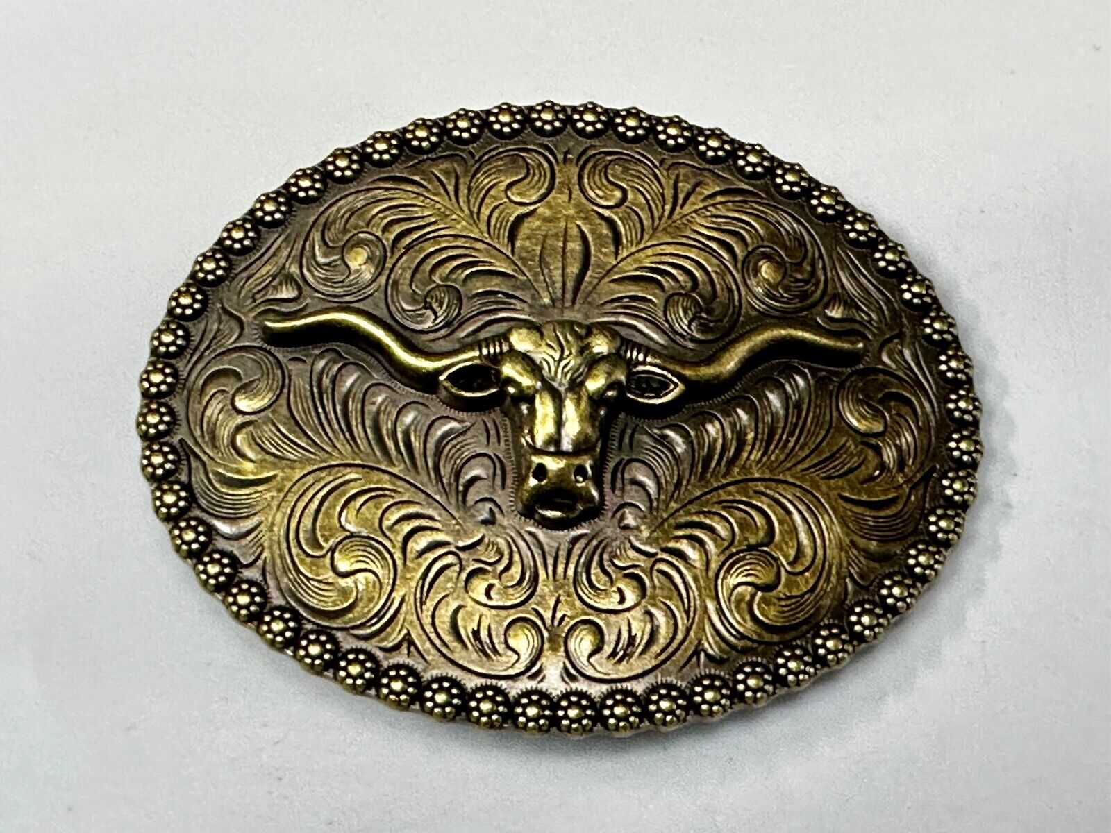 3.5" Wide Texas Longhorn Ornate Engraved Swirl Belt Buckle With Flower Boarder