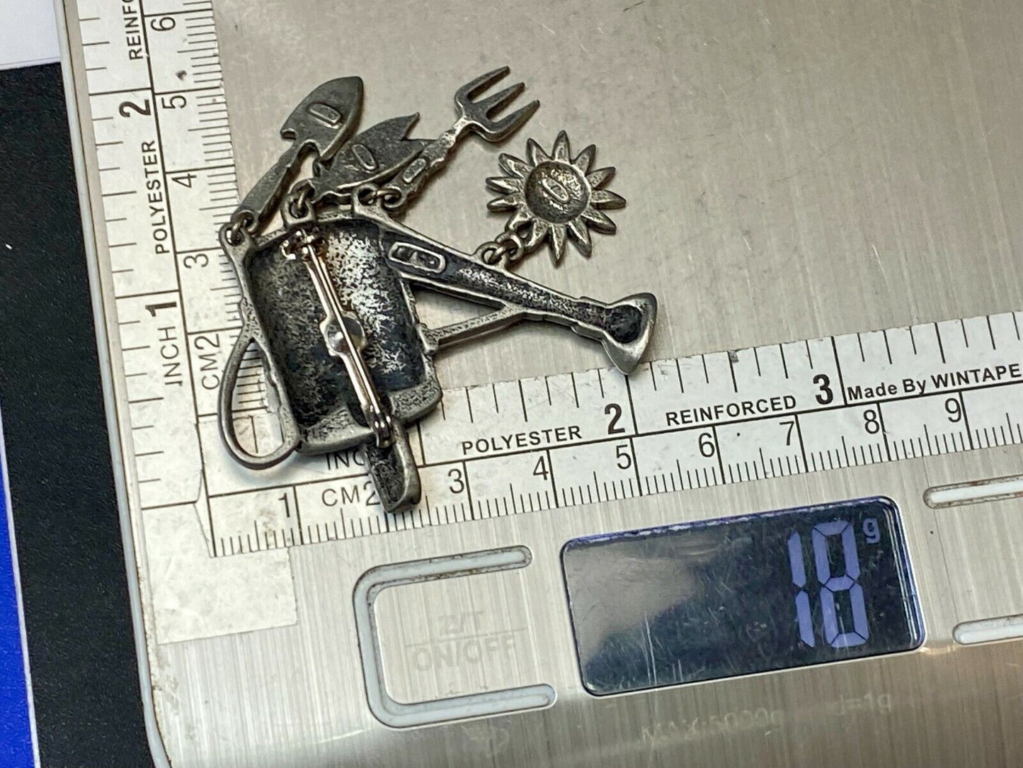 VINTAGE *J.J.*PEWTER GARDENING WATERING CAN BROOCH PIN W/THEMED FIGURAL DANGLES