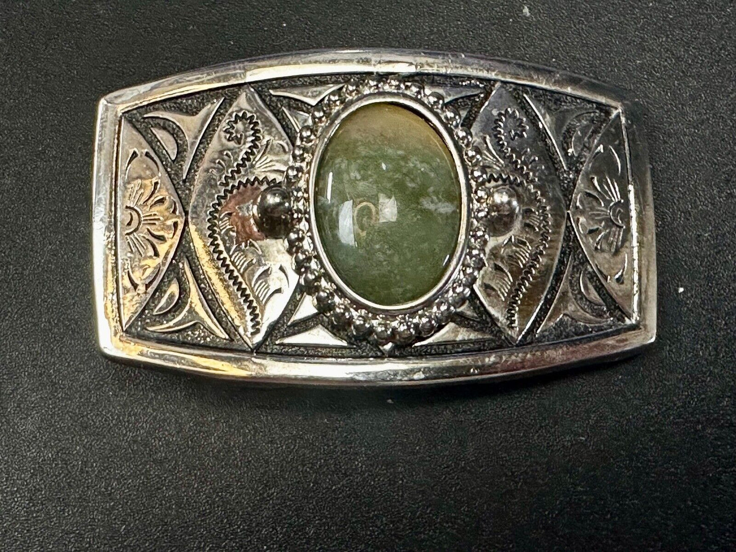 Vesuvianite? Cabochon Cab Centerpiece - Western silver & black color Belt Buckle
