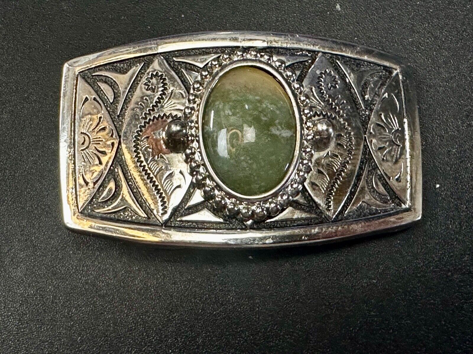 Vesuvianite? Cabochon Cab Centerpiece - Western silver & black color Belt Buckle