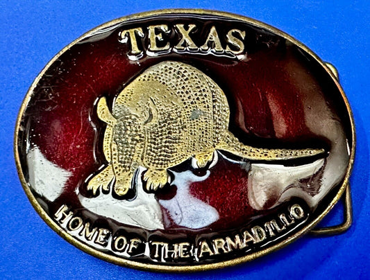 Texas Home of the Armadillo Commemorative Red colored Belt Buckle by Koleaco