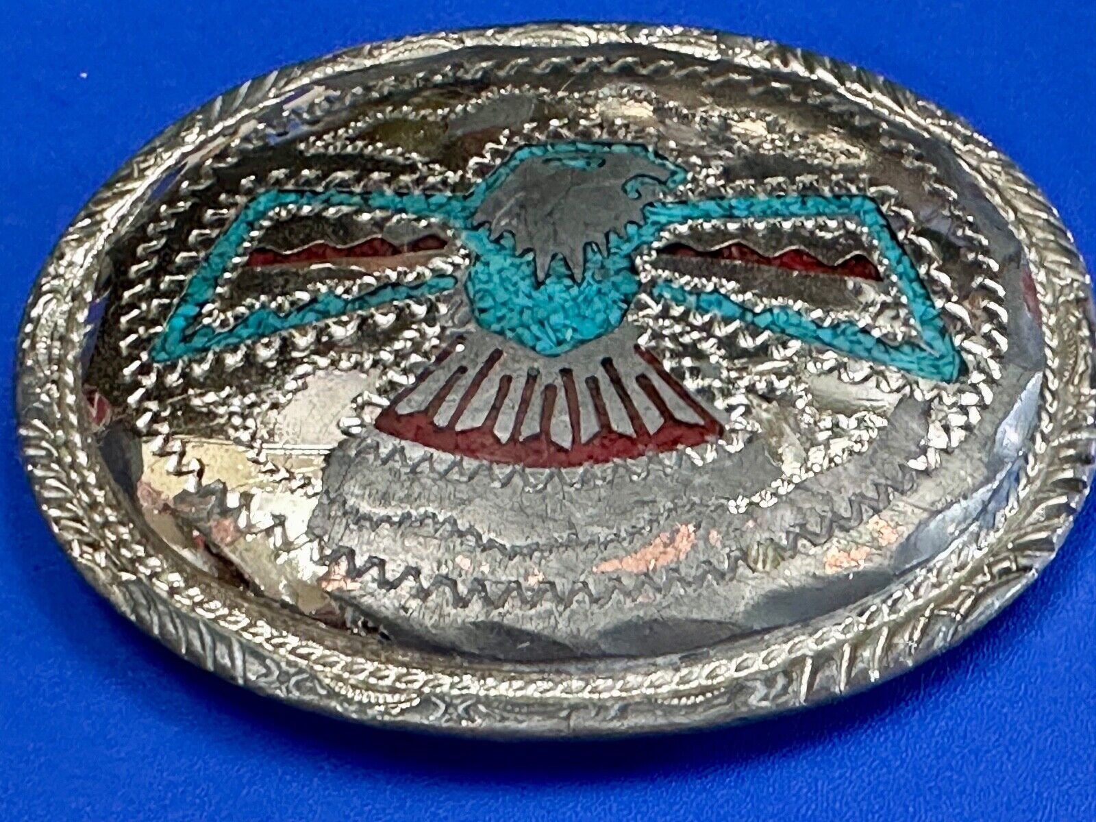 THUNDERBIRD Inlaid turquoise & Coral belt buckle - see hallmark ---   to restore