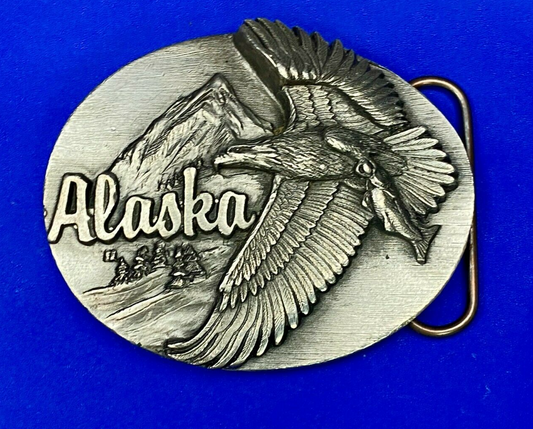 Vintage 1990 Hunting Flying Eagle W Salmon Alaska Belt Buckle