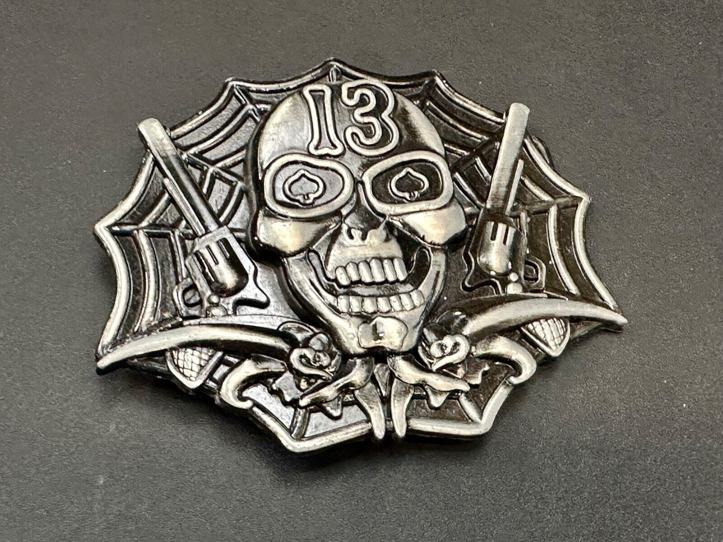 Vampire Skull with bat wings and number 13 metal belt buckle