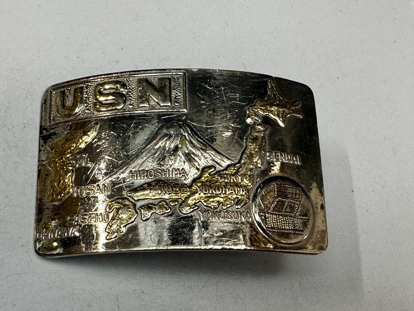 USN United State Navy Japan Korea Map Military Style Ratchet Belt Buckle