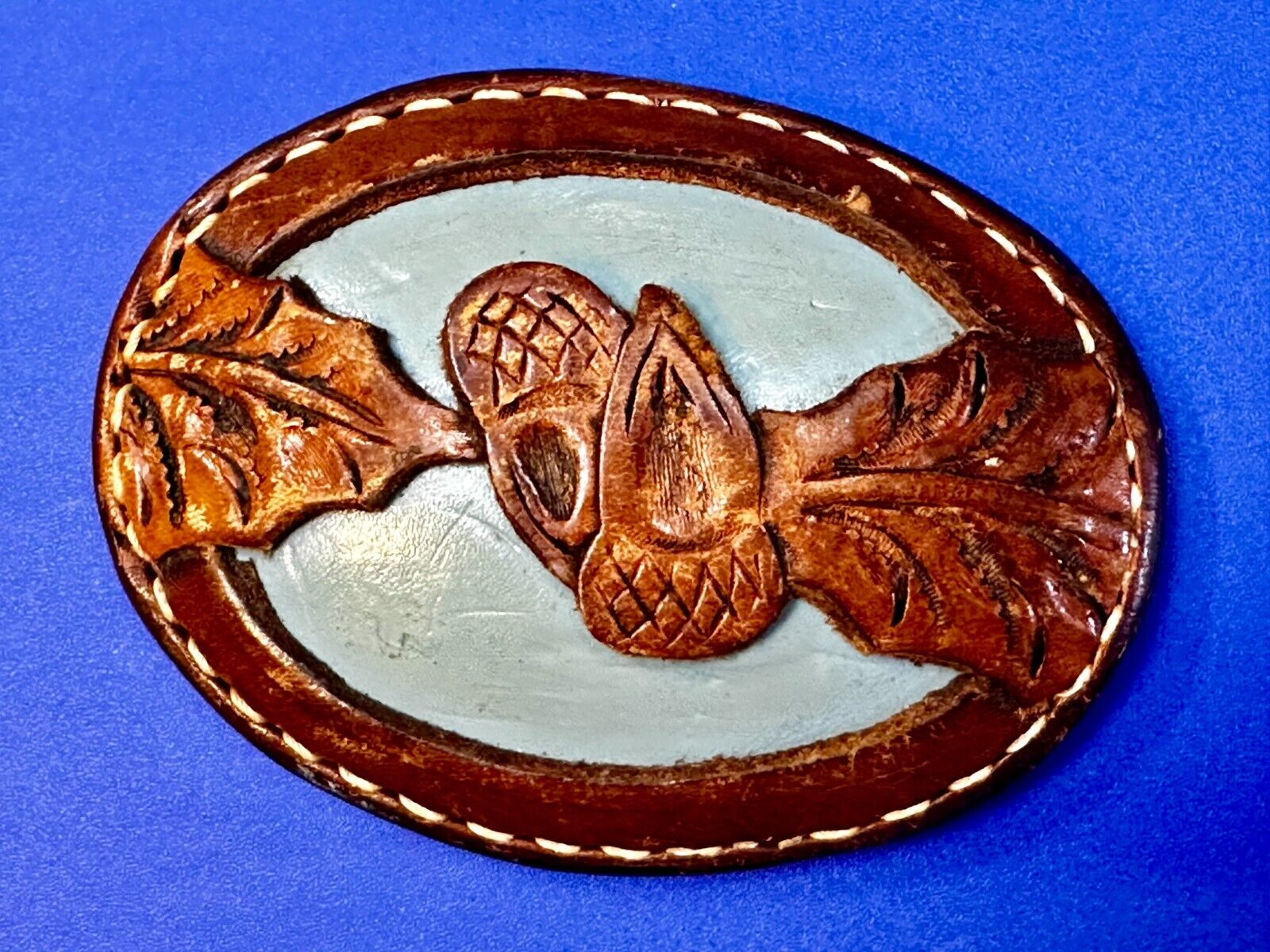 Artisan Hand-Stitched Acorn Leaf Brown Leather 4" Large Unique Belt Buckle