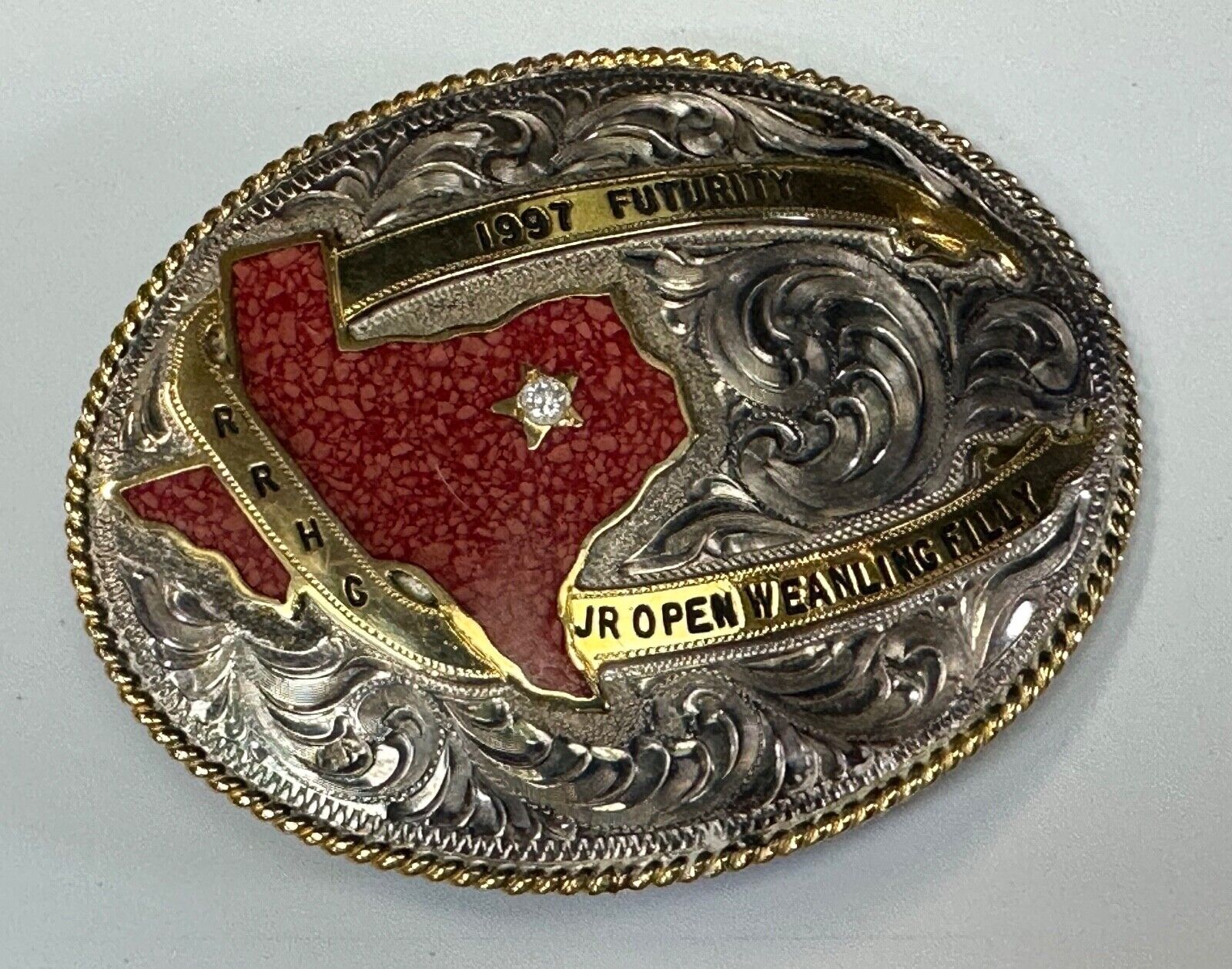 TEXAS Inlaid Coral Chip  JR Open Weanling Filly 1997 Futurity Trophy belt buckle