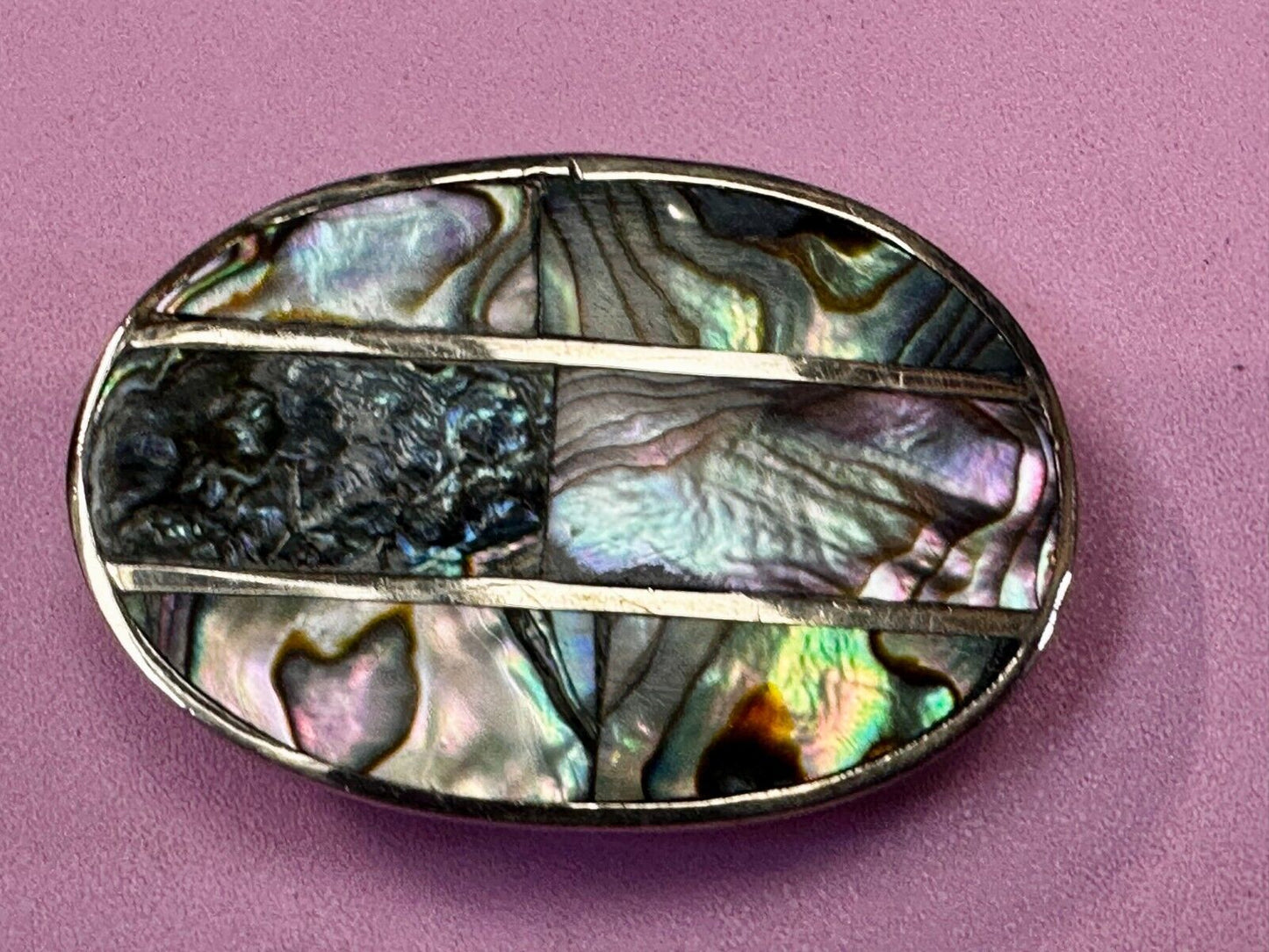 Artisan Natural Abalone Shell Vintage Oval Belt Buckle Marked Mexico
