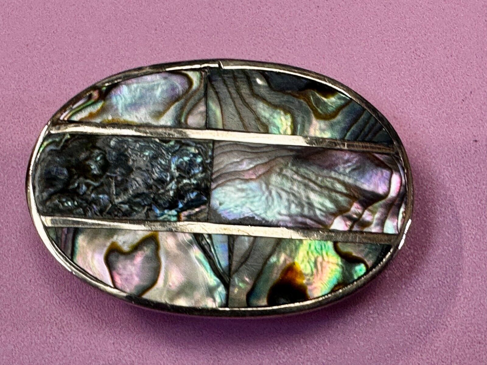 Artisan Natural Abalone Shell Vintage Oval Belt Buckle Marked Mexico