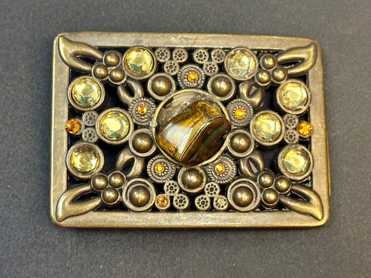 Antique Brass Style Hippie Vintage Belt Buckle With Tigers Eye In Center