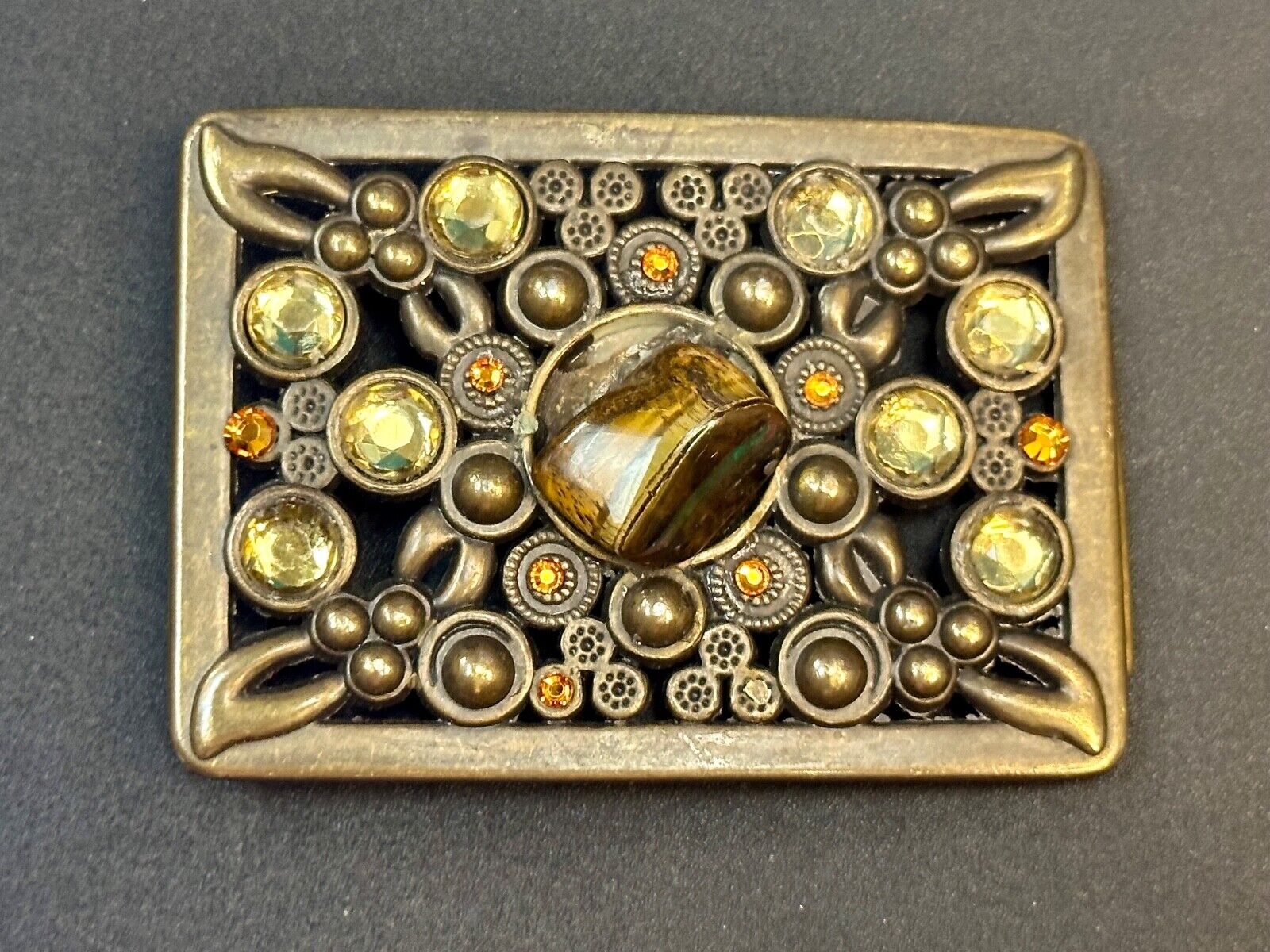 Antique Brass Style Hippie Vintage Belt Buckle With Tigers Eye In Center