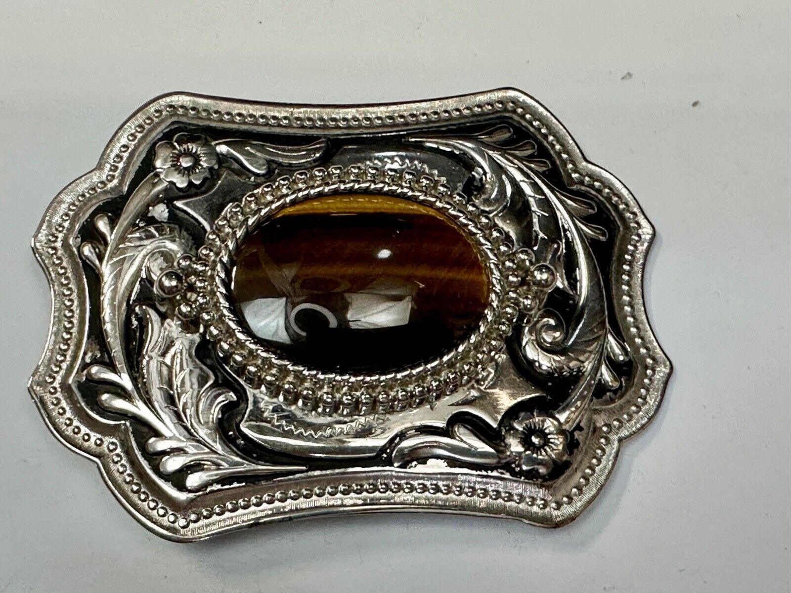 Tiger's Eye Vintage Horizontal Cabochon Cab Stone on Western Belt Buckle