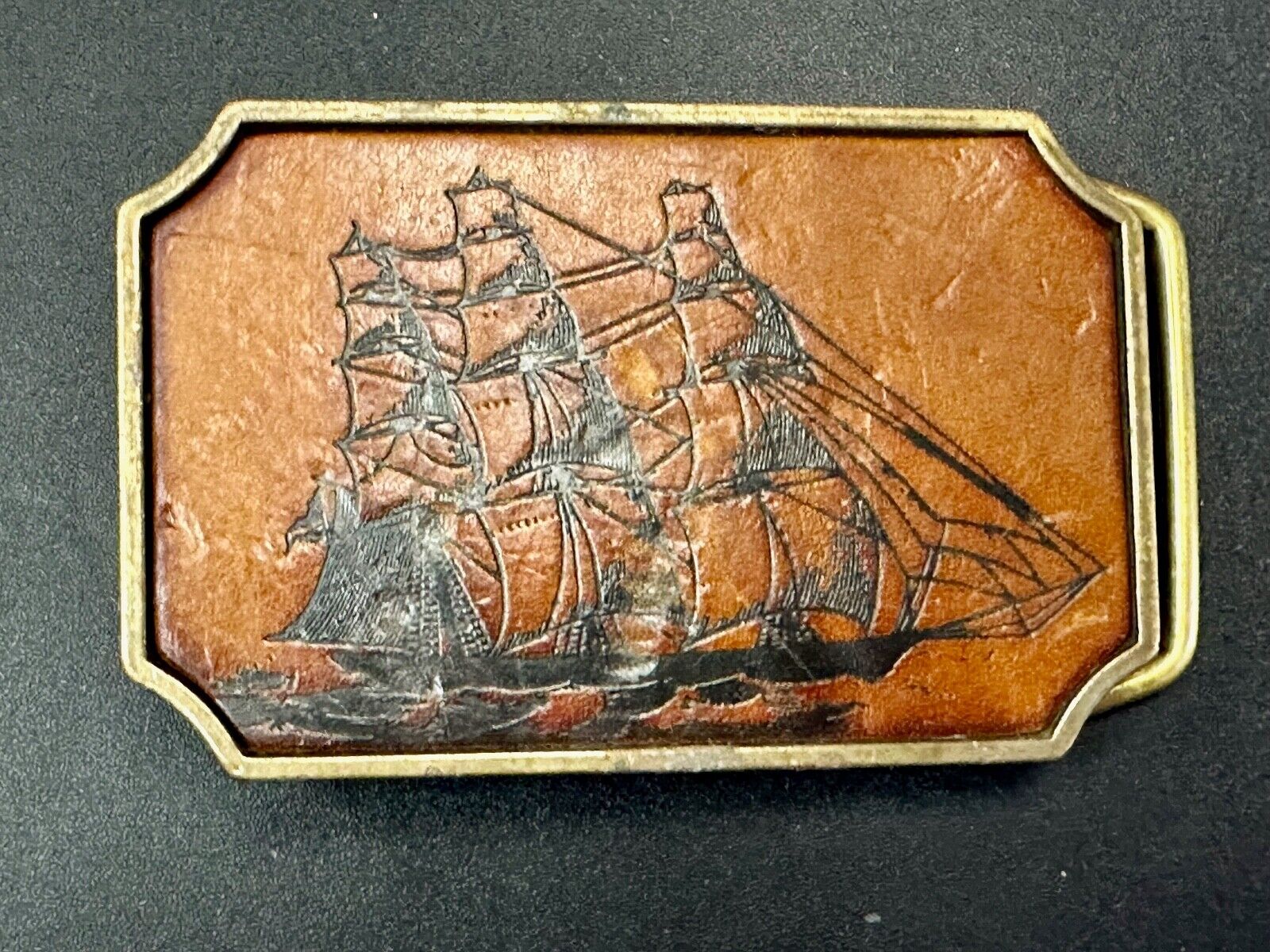 Three mast Sail Boat Ship Nautical theme leather and solid brass BTS belt buckle