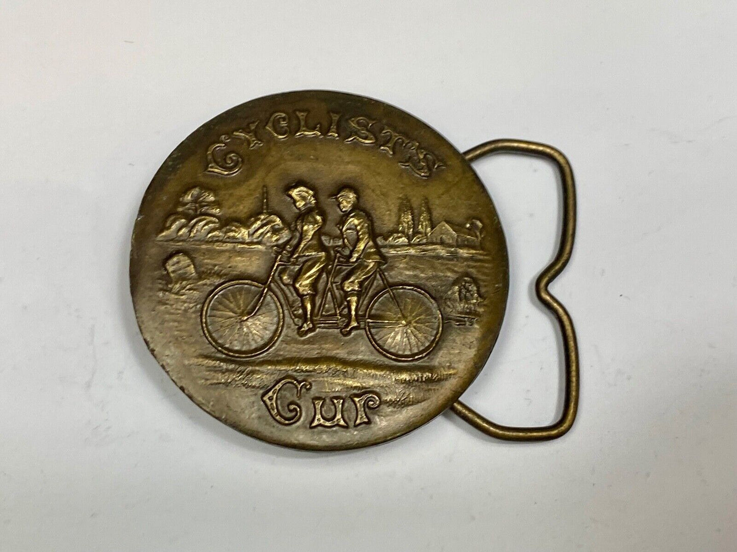 A-39 Cyclists Cup Tandum Bicycle Round Rare! Bergamot Brass Works Belt Buckle