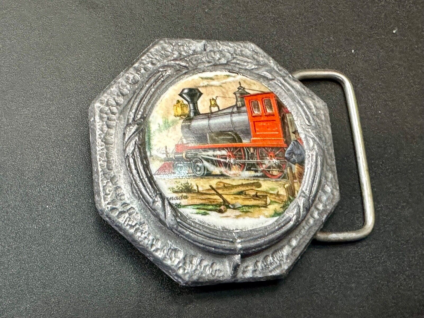 Train Steam Engine Art Picture on ceramic and pewter Vintage Belt Buckle