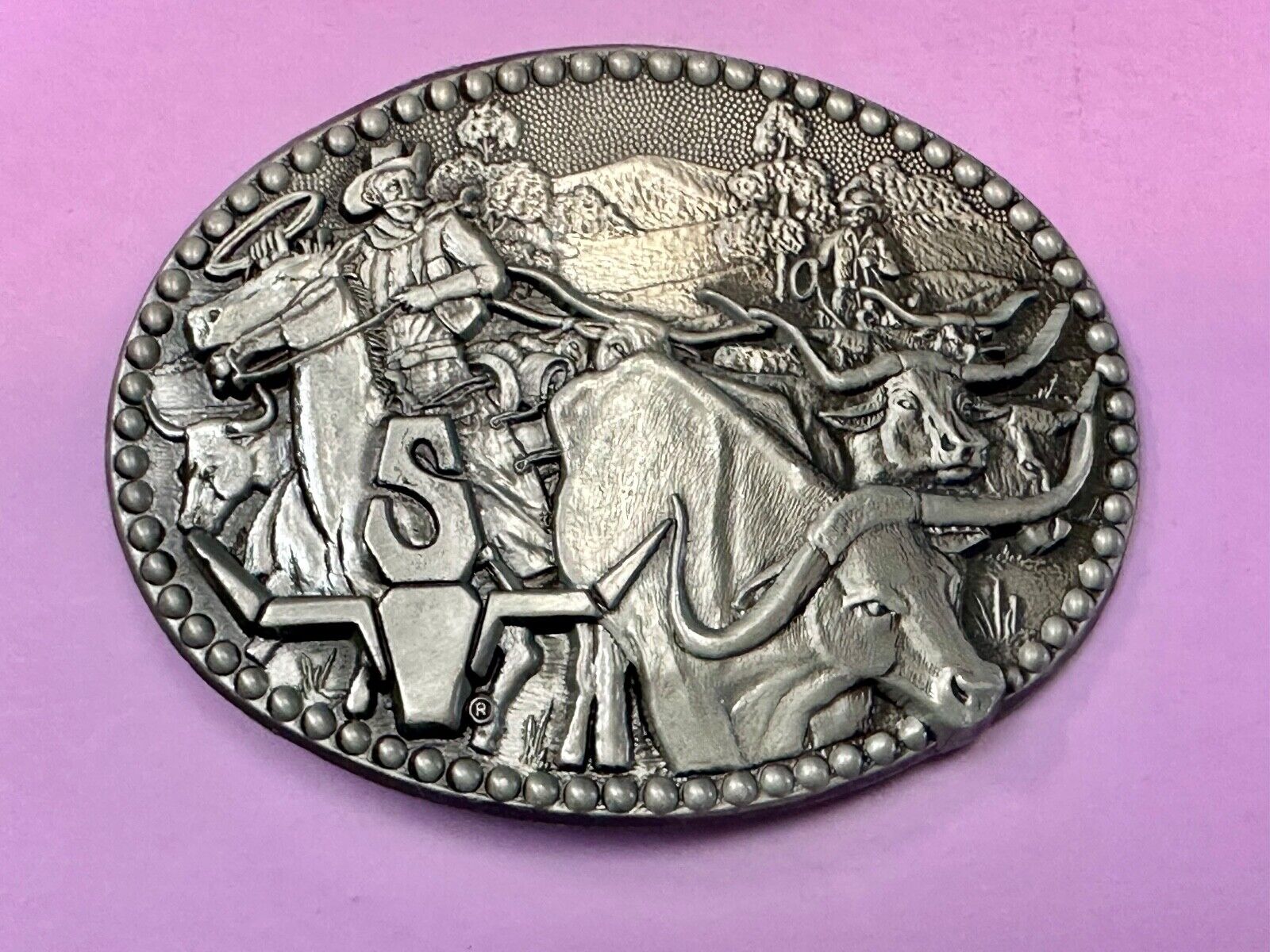 Vintage ADM Zee Series Belt Buckle Cowboys Longhorn Cattle Drives Western