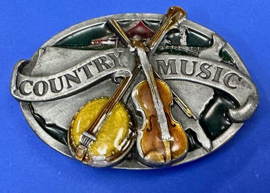 Vintage Enameled Country Music Guitar Fiddle -  Bergamot Brass works Belt Buckle