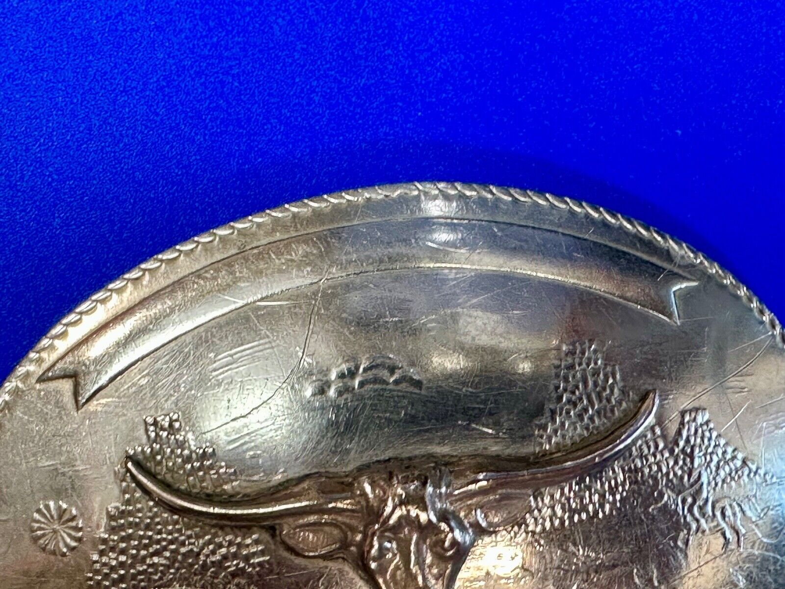 Texas longhorn - Vintage Artisan? two tone engraved award ribbon Belt Buckle