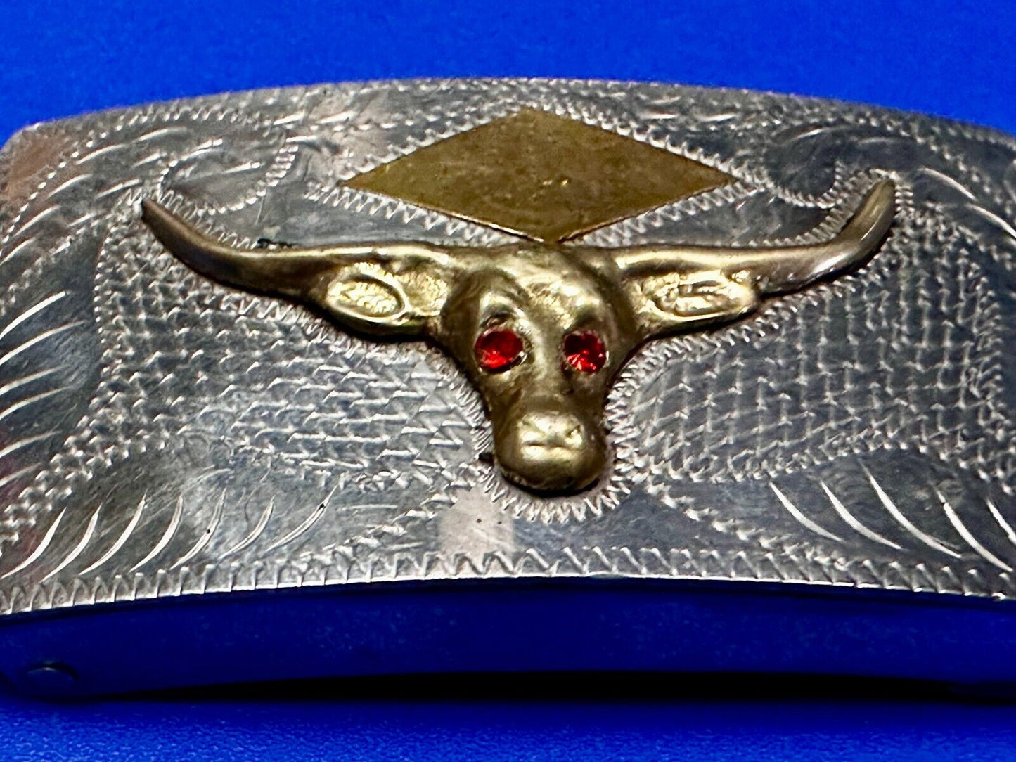 Antique Longhorn Vintage Silver & Gold Tone? Engraved Belt Buckle  Red Ruby Eyes
