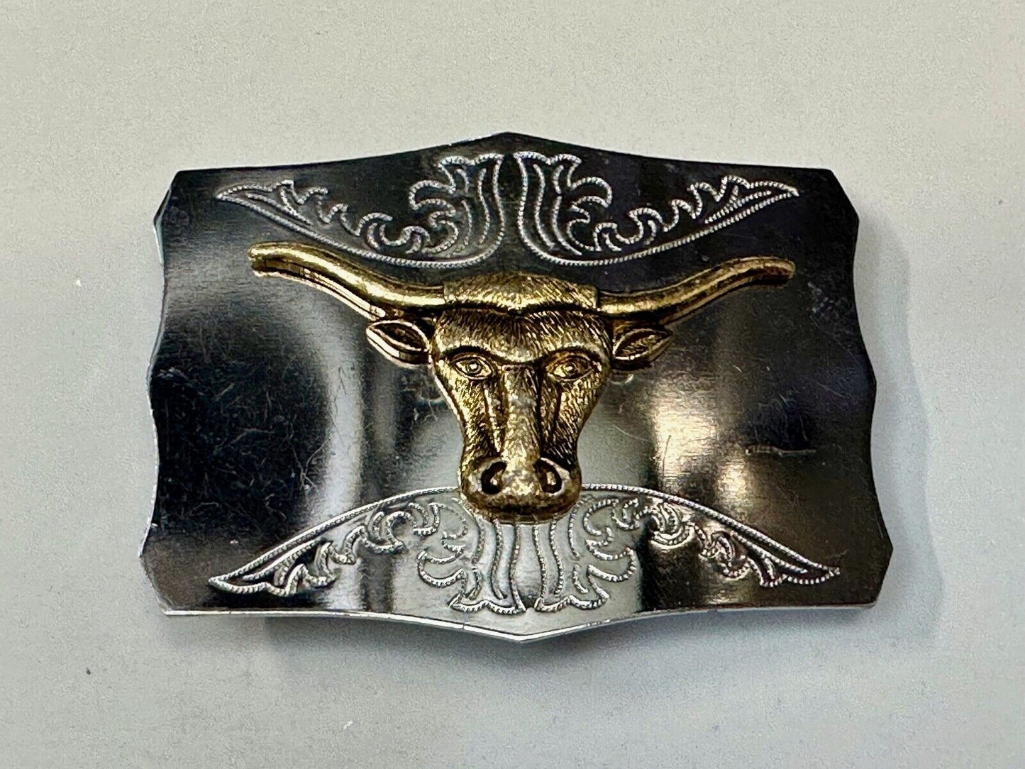 Two tone Raised Longhorn Cow Steer on Vintage Belt Buckle made in Japan