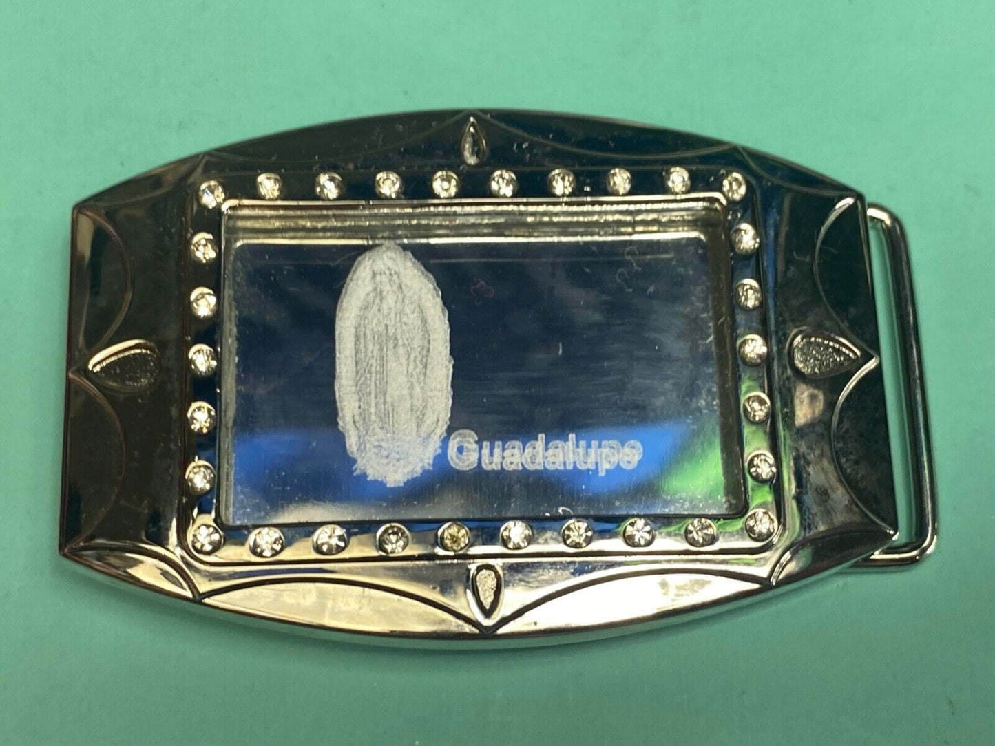 unique Mirrored Guadalupe with rhinestones silver color Hologram belt buckle