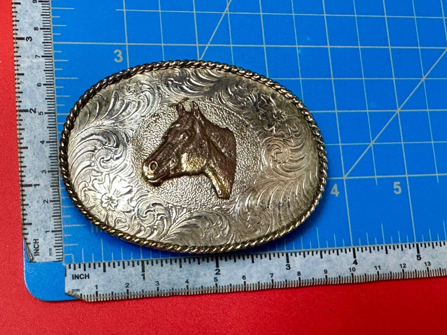 Vintage Horse HEAD Award Design Medals ornate oval two tone belt buckle