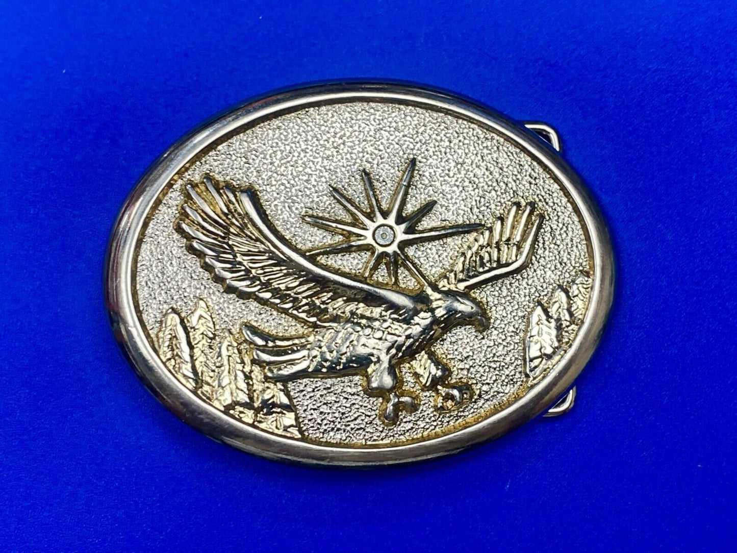 Vintage Eagle Flying Over Mountains With Sunburst two tone belt buckle