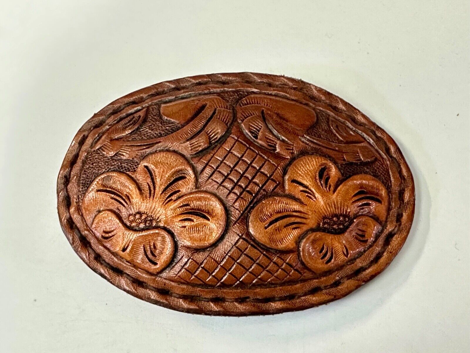 4" wide brown leather floral theme hand stitched artisan belt buckle