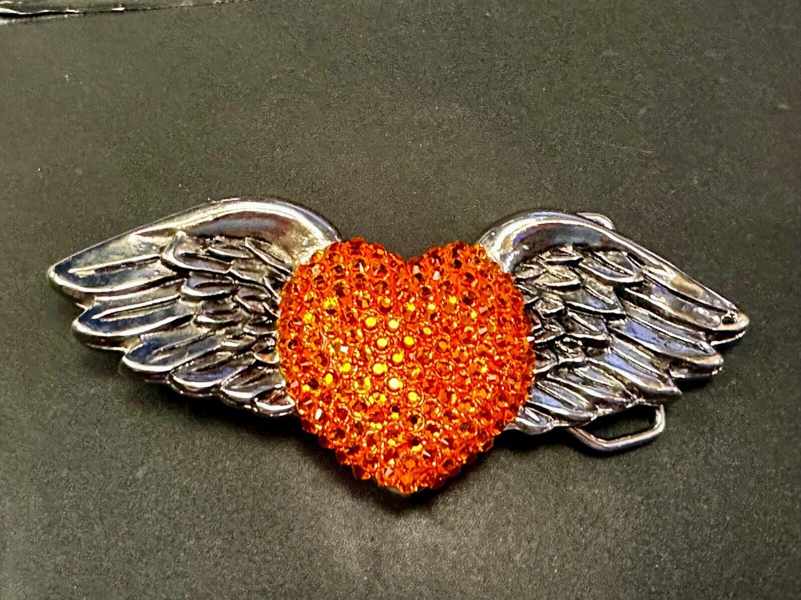 Angel Wings Orange Heart Shaped Rhinestone Covered 2001 Bridget Belt Buckle