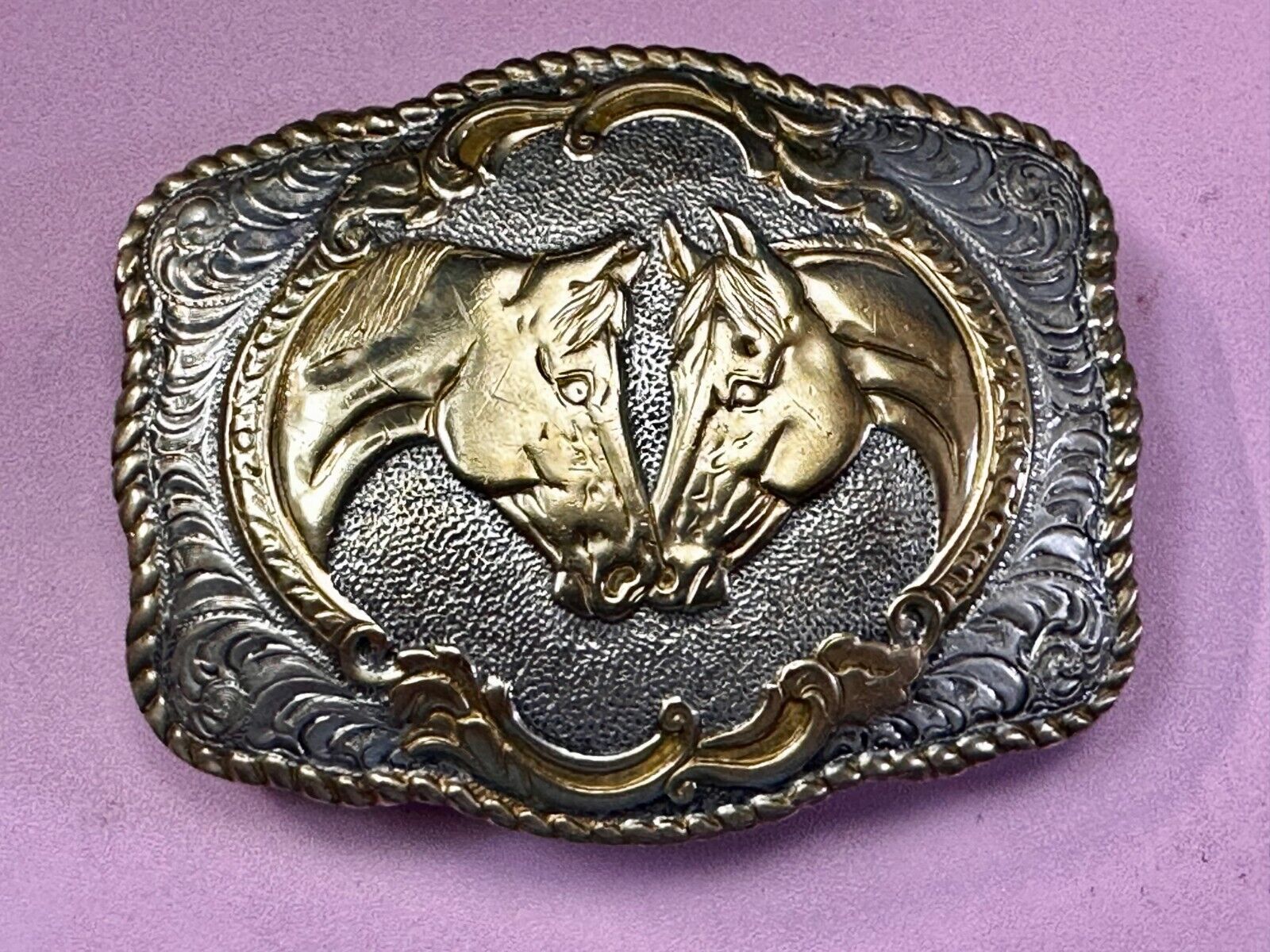 Two Horse Heads Vintage Crumrine Two Tone Western Belt Buckle