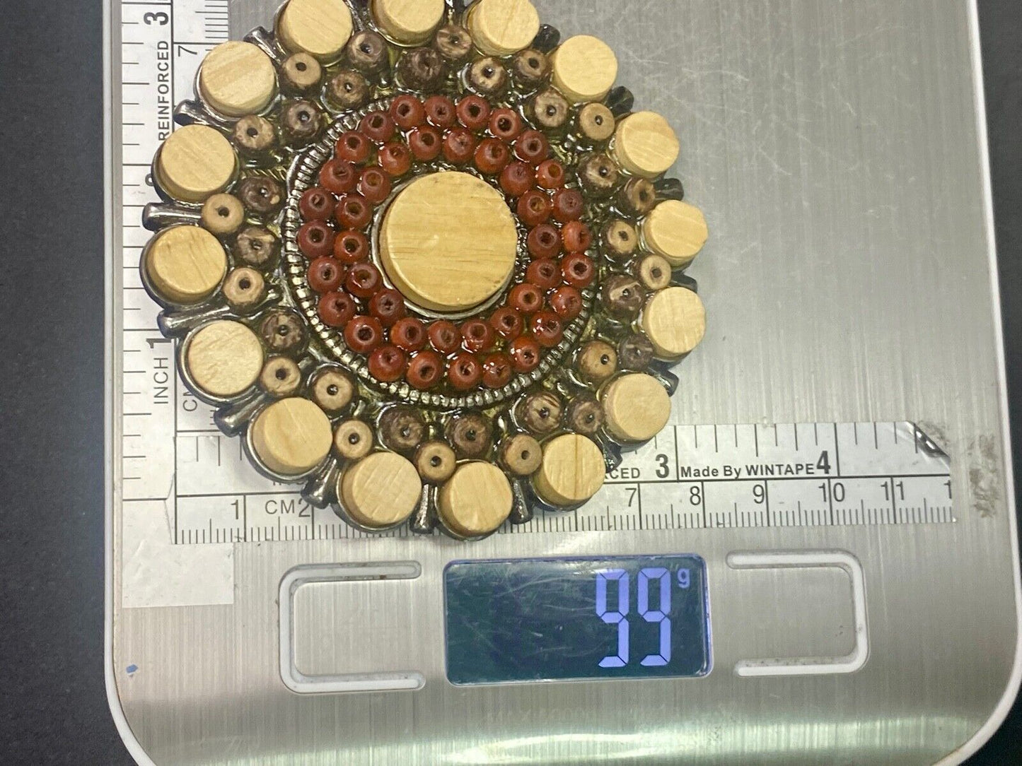 Unique Faux Wood Beads In Circular Pattern Cut Out Belt Buckle 