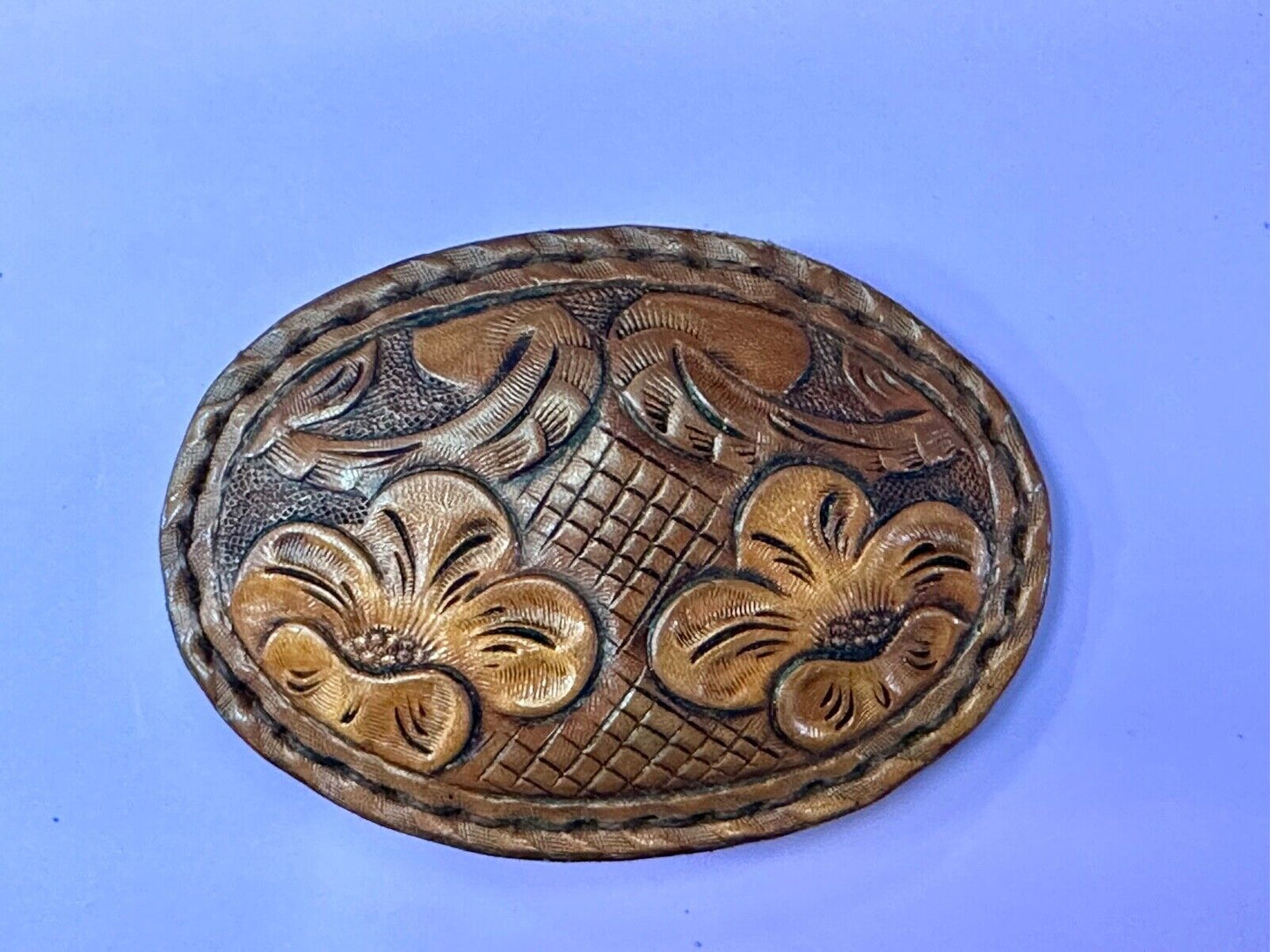 4" wide brown leather floral theme hand stitched artisan belt buckle