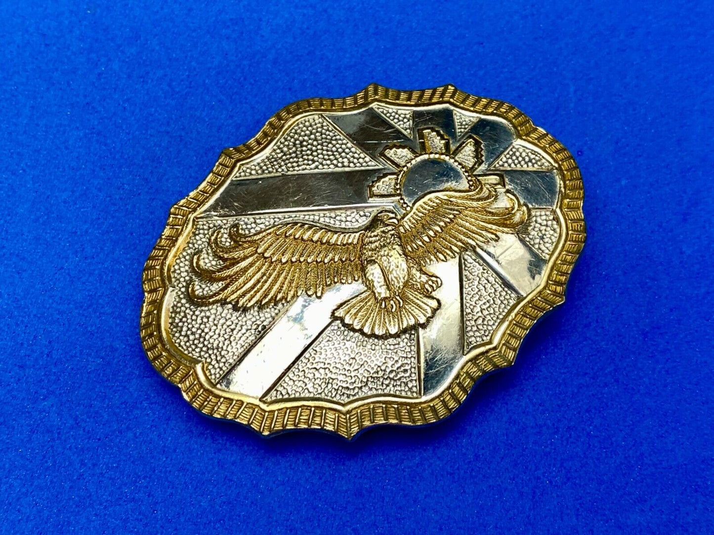 Vintage Crumrine Two tone Hunting American Bald Eagle in Flight belt buckle