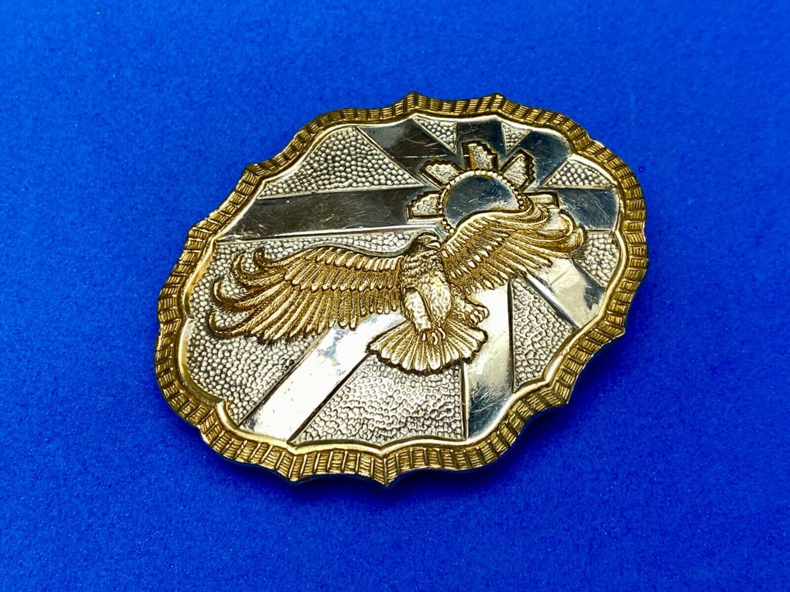 Vintage Crumrine Two tone Hunting American Bald Eagle in Flight belt buckle