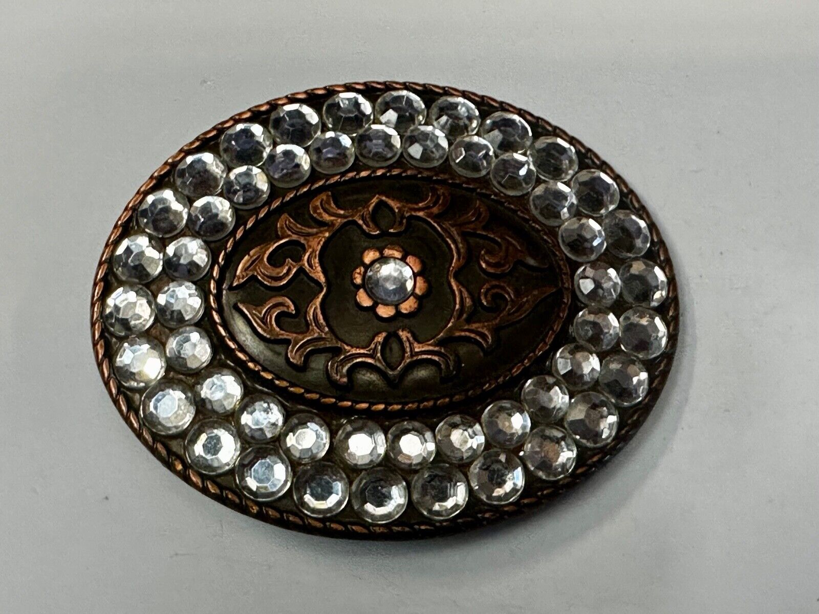 Vintage brown oval floral theme Belt Buckle with Rhinestone surround