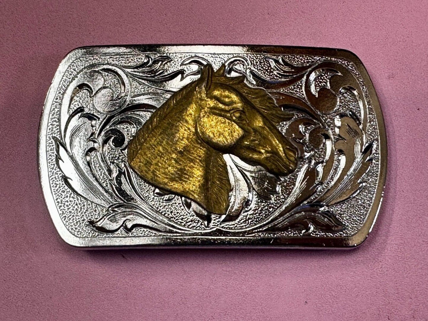 Two Tone Horse Head Vintage Western Flower Swirl Design Belt Buckle