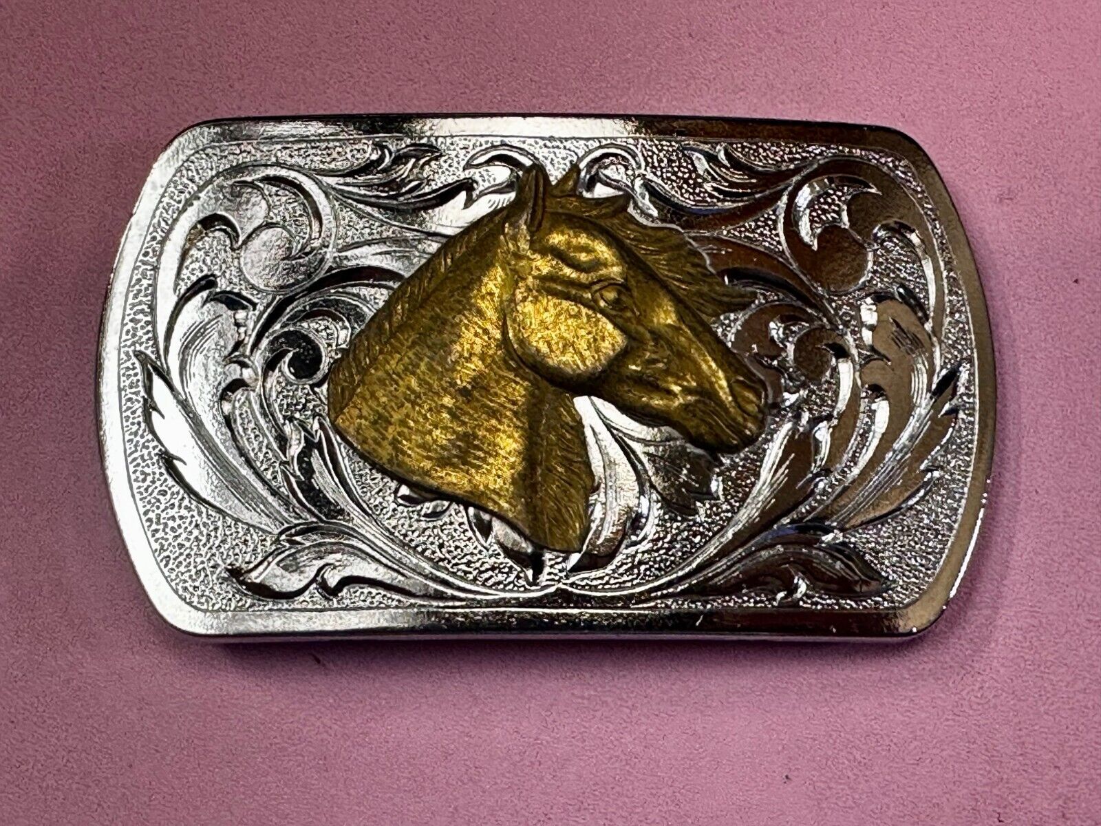 Two Tone Horse Head Vintage Western Flower Swirl Design Belt Buckle