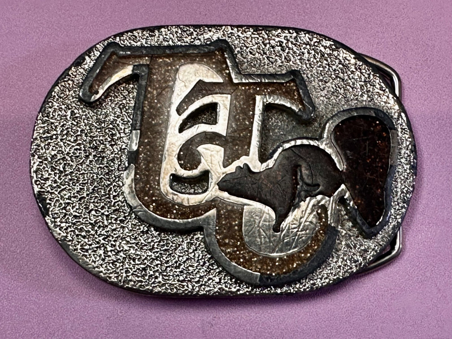 80'S  Tt Squirrel Sparky Brown Sparkle Enameled Vintage Belt Buckle 