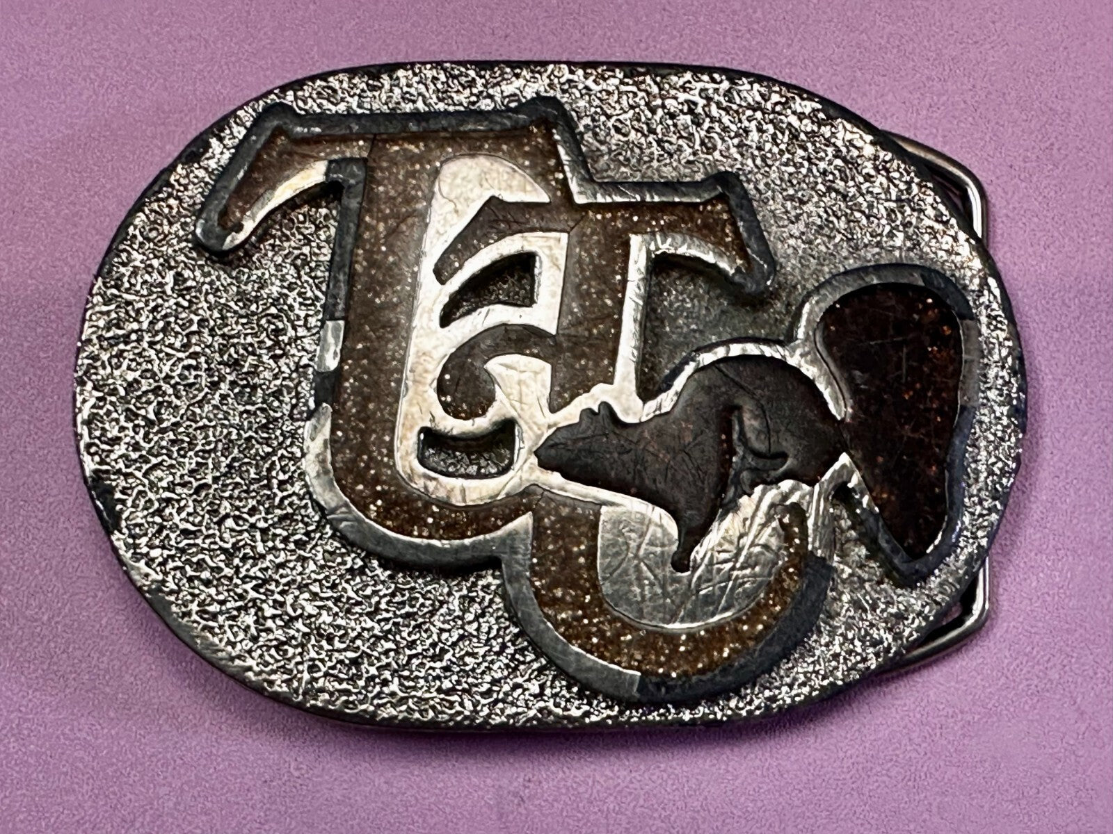 80'S  Tt Squirrel Sparky Brown Sparkle Enameled Vintage Belt Buckle 