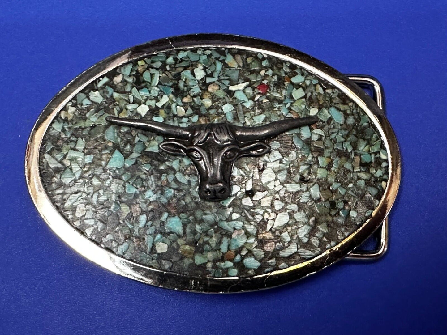Turquoise chip inlaid Cowboys Cowgirls Longhorn Rodeo Cow Steer Oval Belt Buckle
