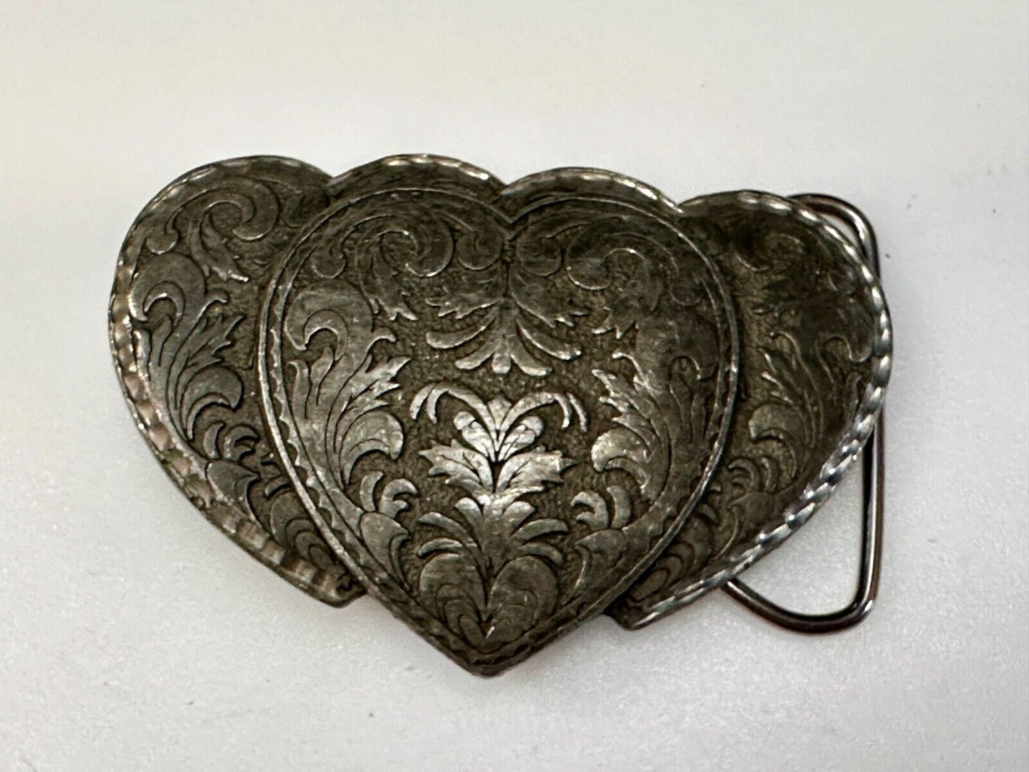 Triple Hearts Flower Swirl VTG 1995 Western Cowboy Cowgirl Belt Buckle C&J Inc.