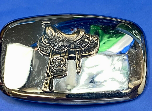 Vintage Horse Saddle On Mirrored Or Reflective Western Belt Buckle