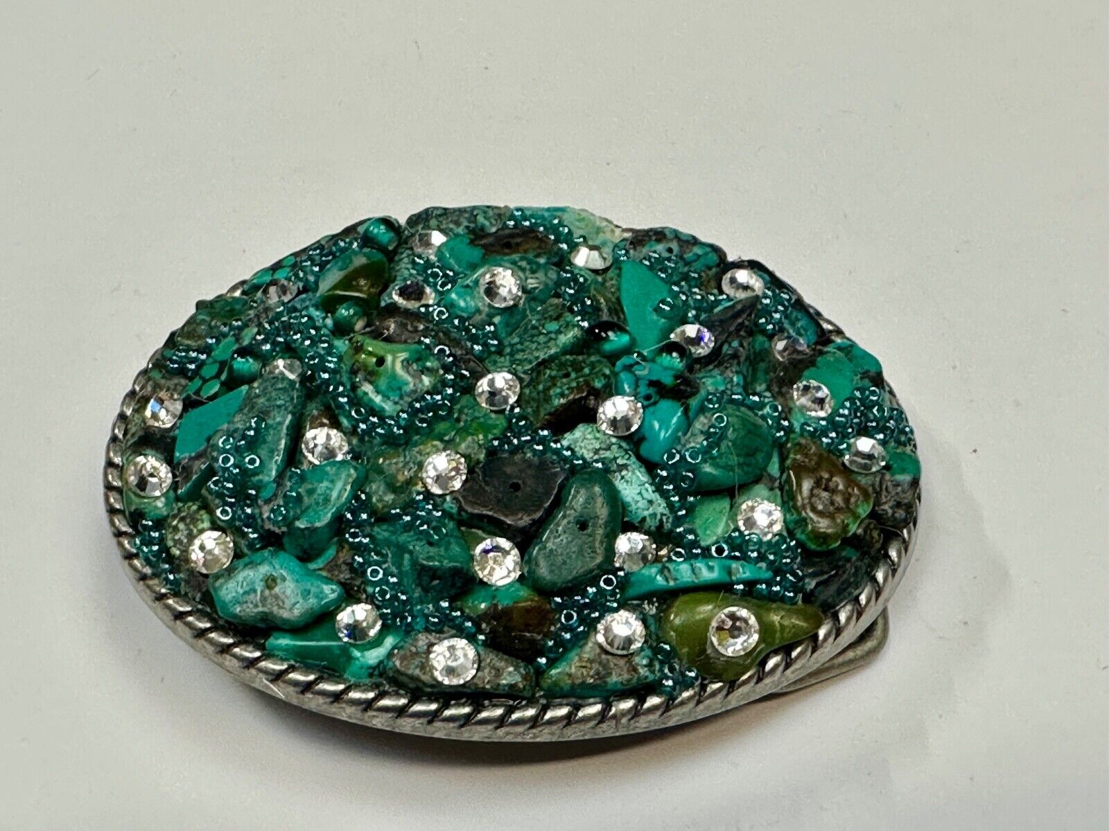 Artisan Chunky shades of Green and clear rhinestone mixed material belt buckle