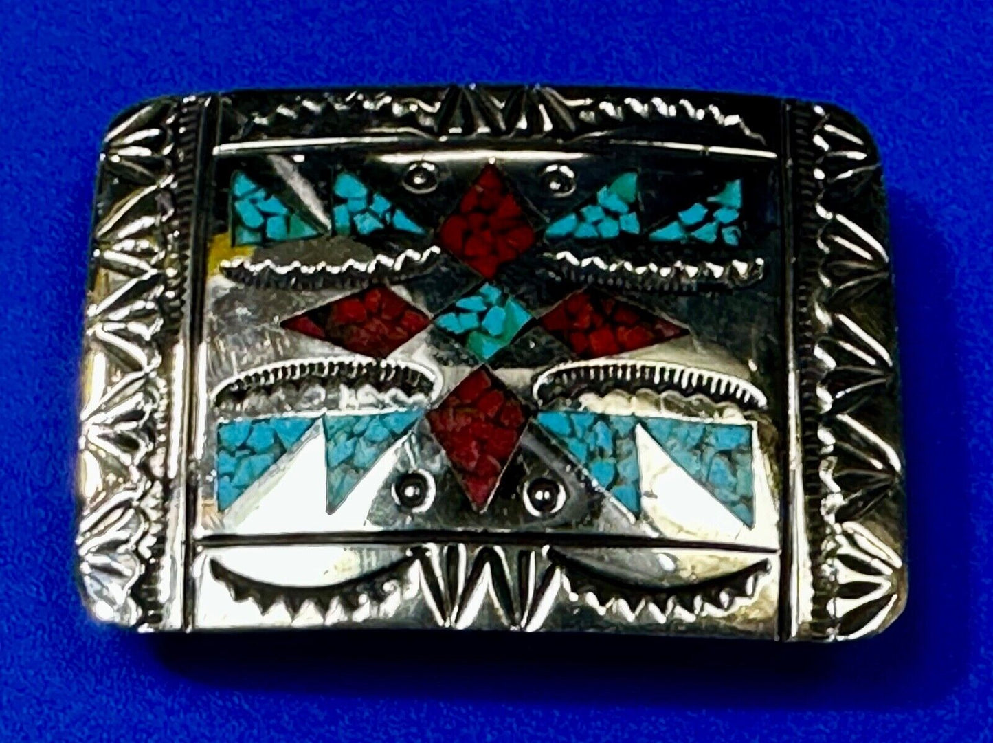 Turquoise & Coral Navajo / Native American Style Artisan 2" Belt Buckle