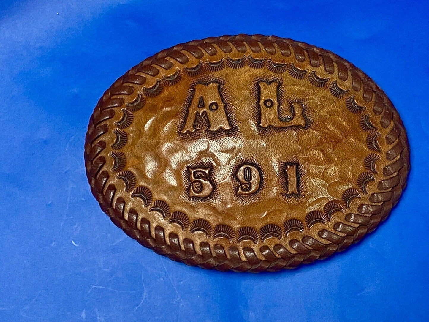 Al 591 Large Leather Tooled Stitched Name Western Belt Buckle.